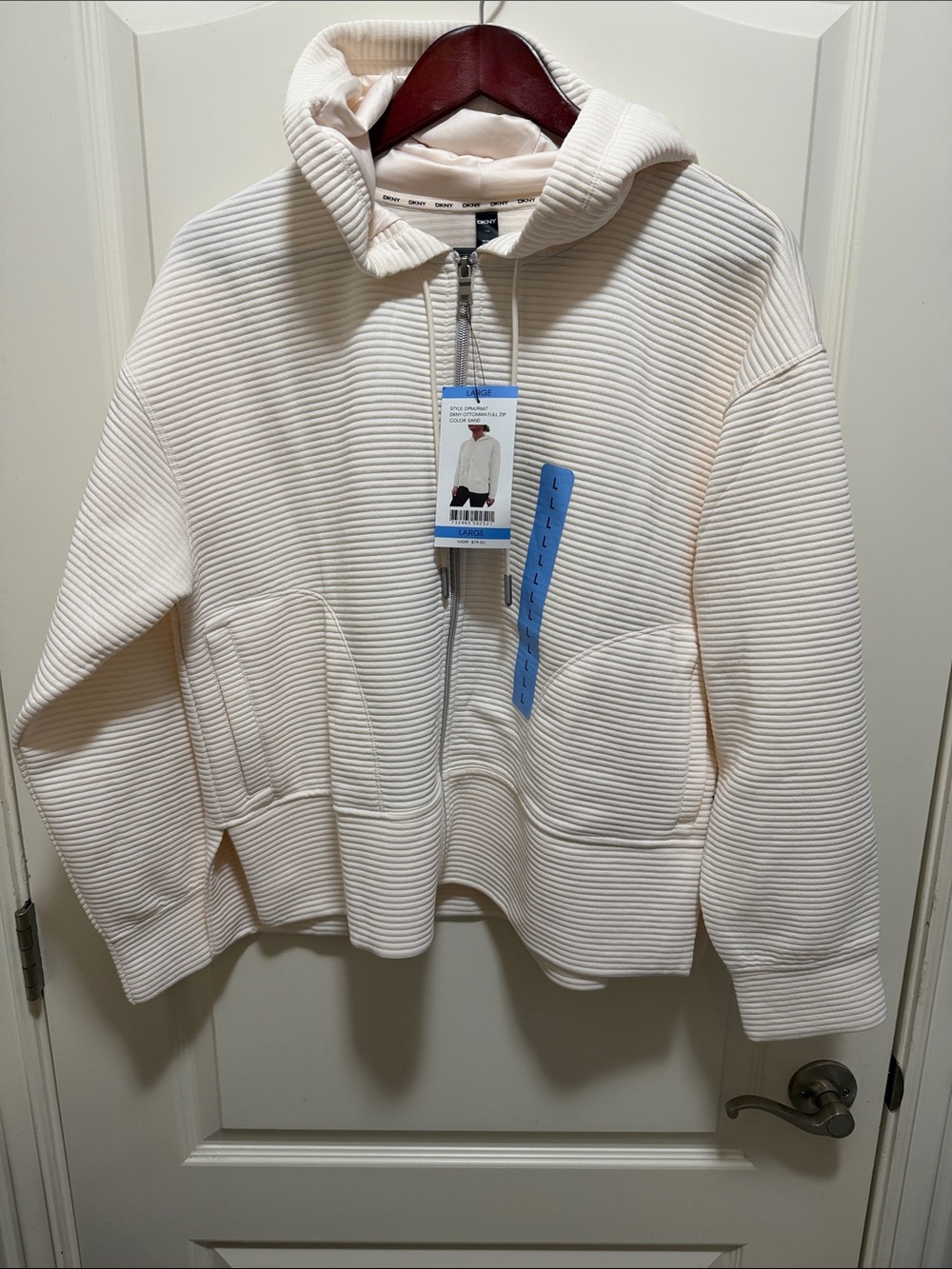 NWT Dkny Cream Ribbed Zip Hooded Sweatshirt